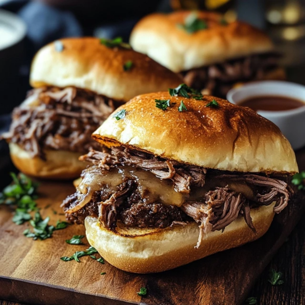 Easy Crockpot French Dip Sandwiches Recipe.